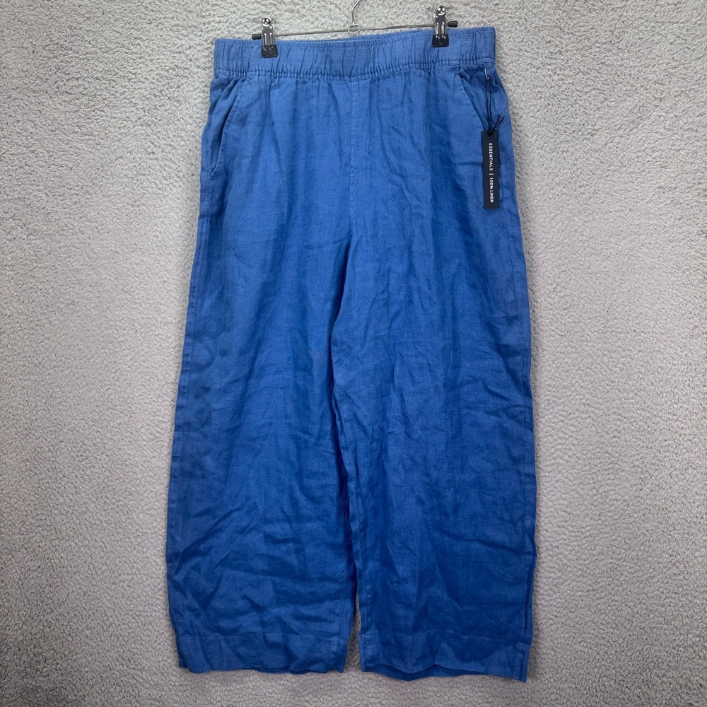 Tahari Pants Womens L Blue 100% Linen Wide Leg Cropped Beachy Resort Vacation - Picture 1 of 13